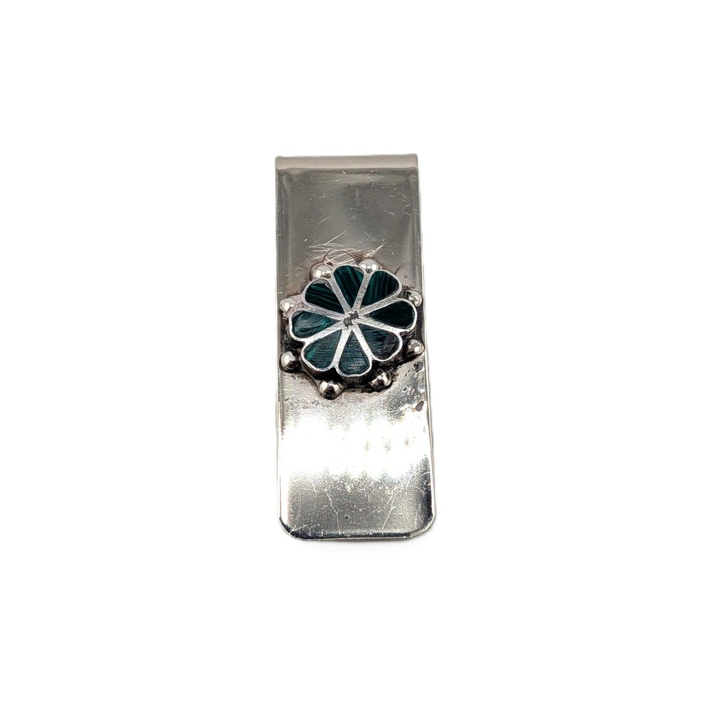Navajo Sterling Silver Malachite Inlay Money Clip Men's Handmade Accessories **